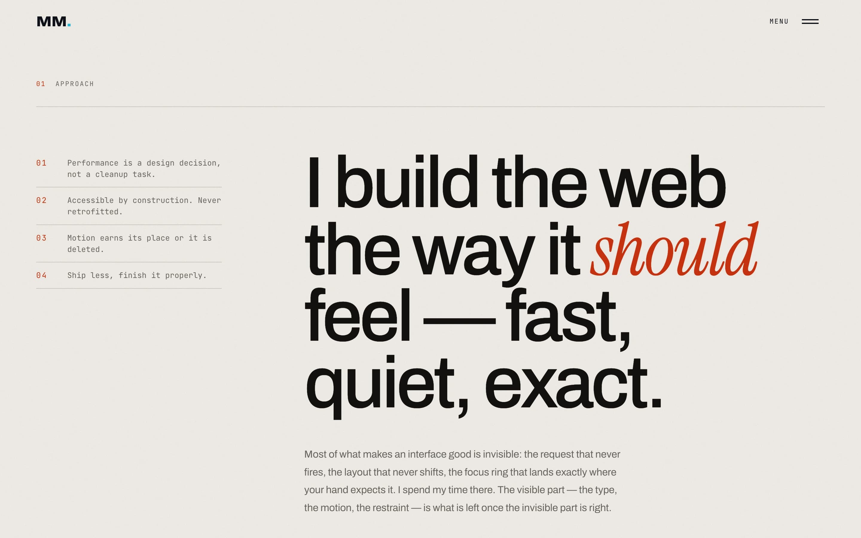 Portfolio manifesto with large black type and an approach index