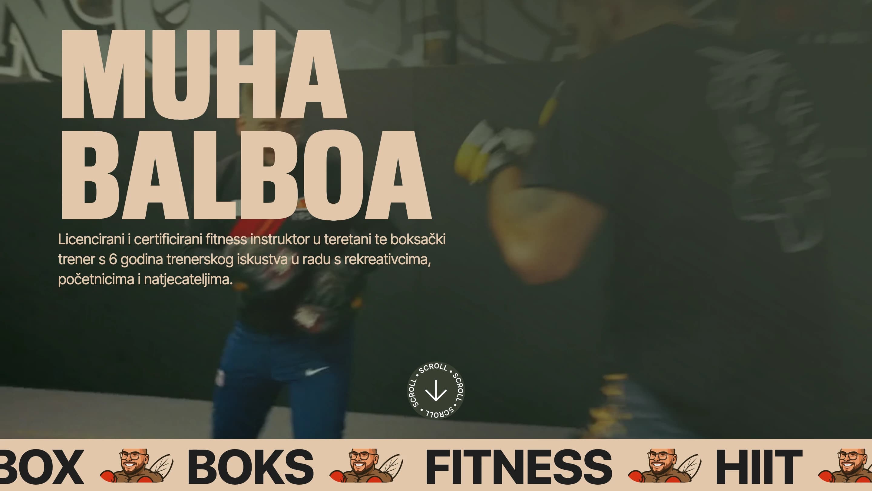 Muha Balboa homepage with oversized sand typography over boxing footage