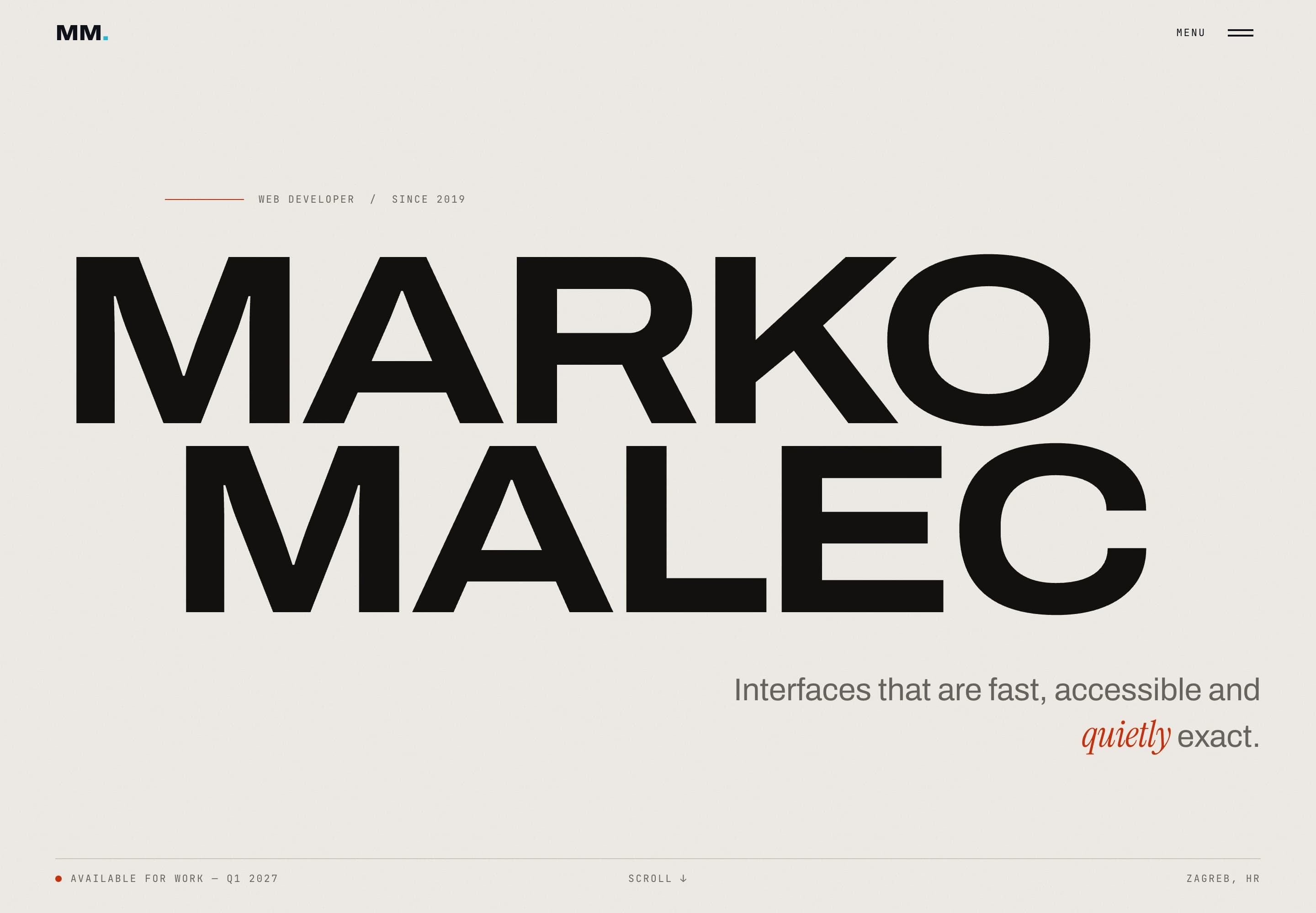 Portfolio home page with the oversized Marko Malec wordmark above a warm paper background