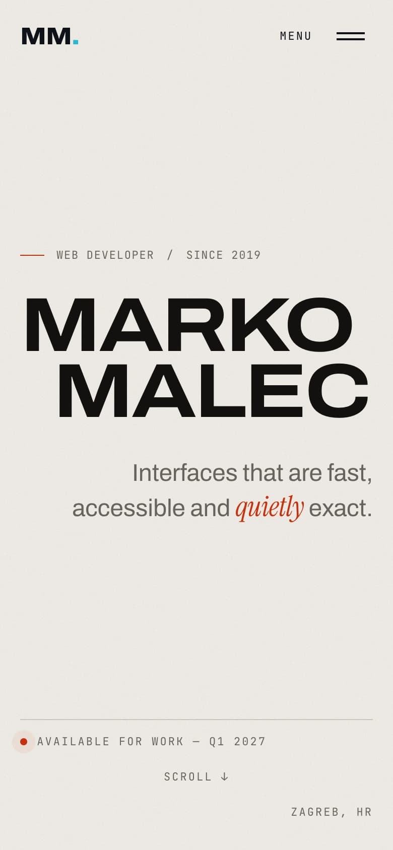 Mobile portfolio home page with oversized Marko Malec typography