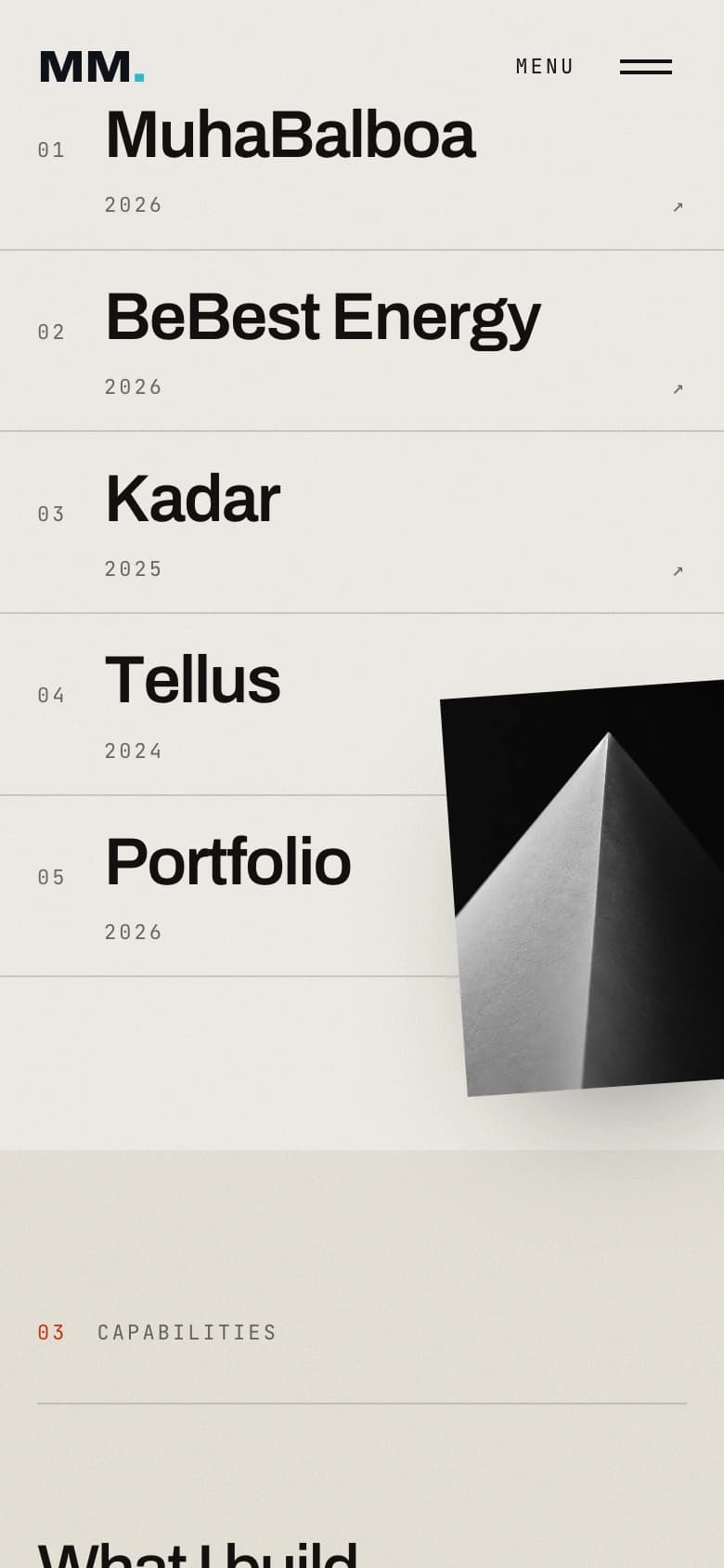Mobile Selected Work section with the Portfolio project preview in view