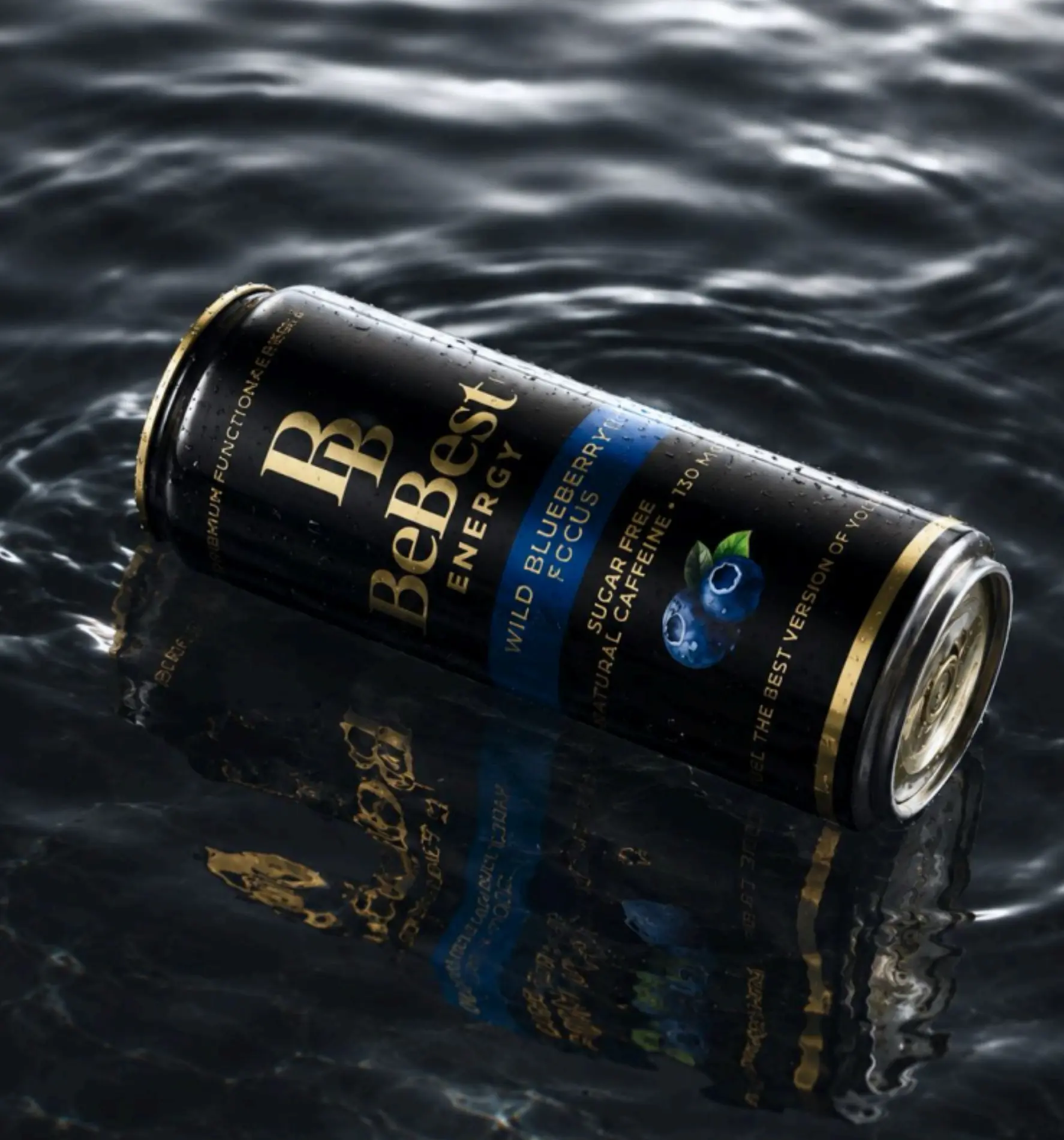 BeBest Energy can resting on dark reflective water