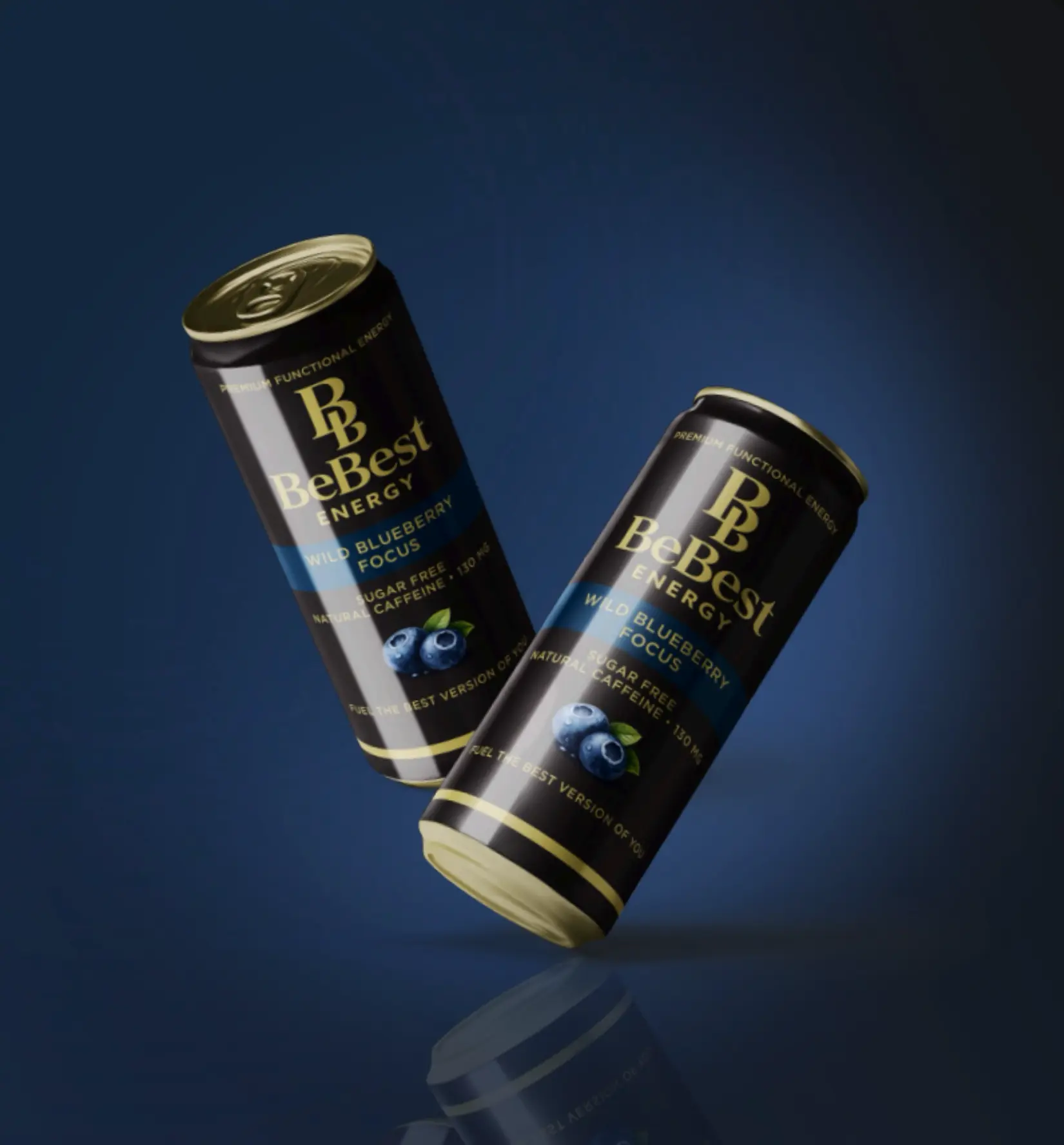 Two BeBest Energy cans suspended over a mirrored navy surface
