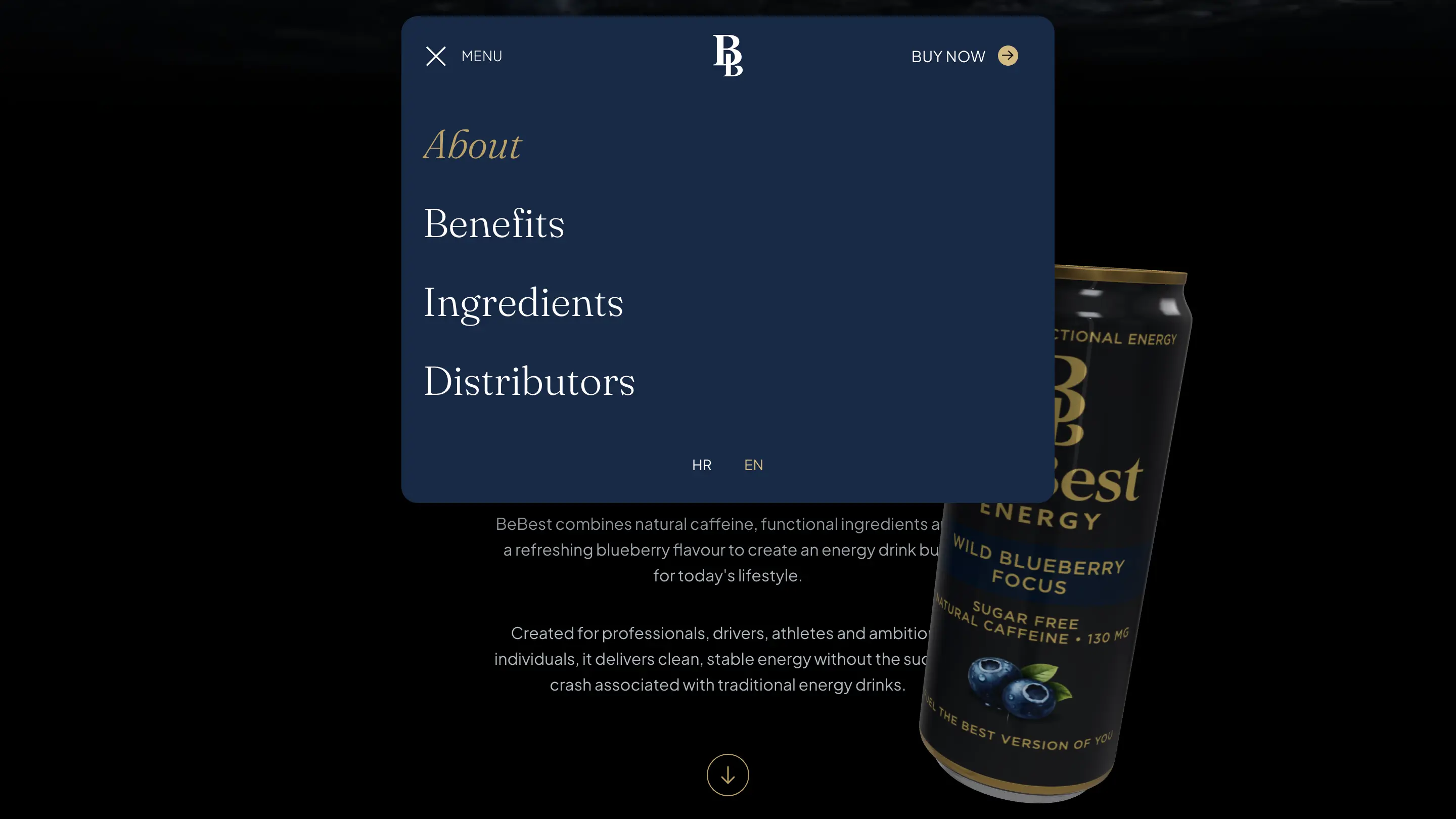 BeBest Energy menu and product page interface