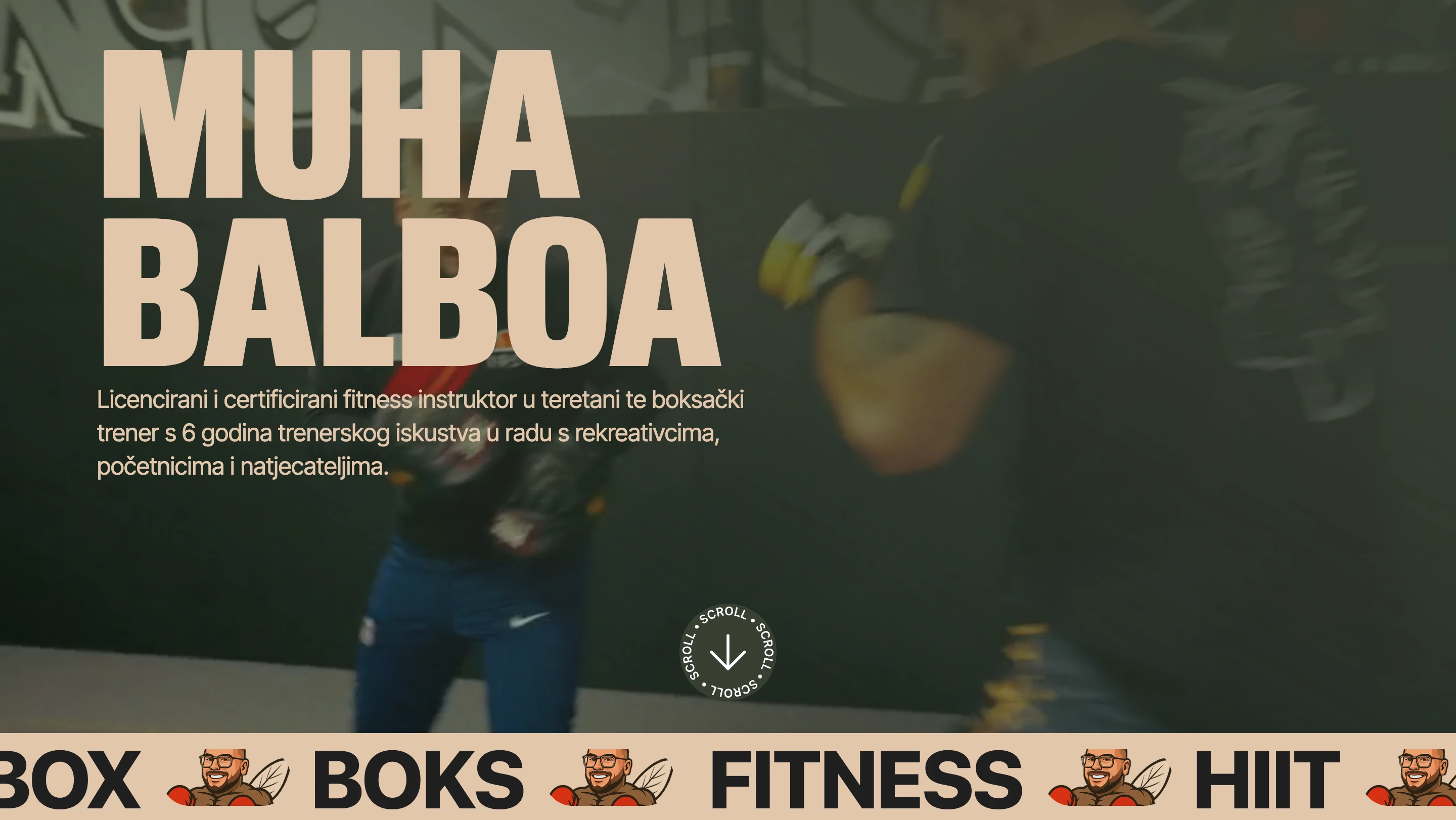 Muha Balboa homepage with oversized sand typography over boxing footage
