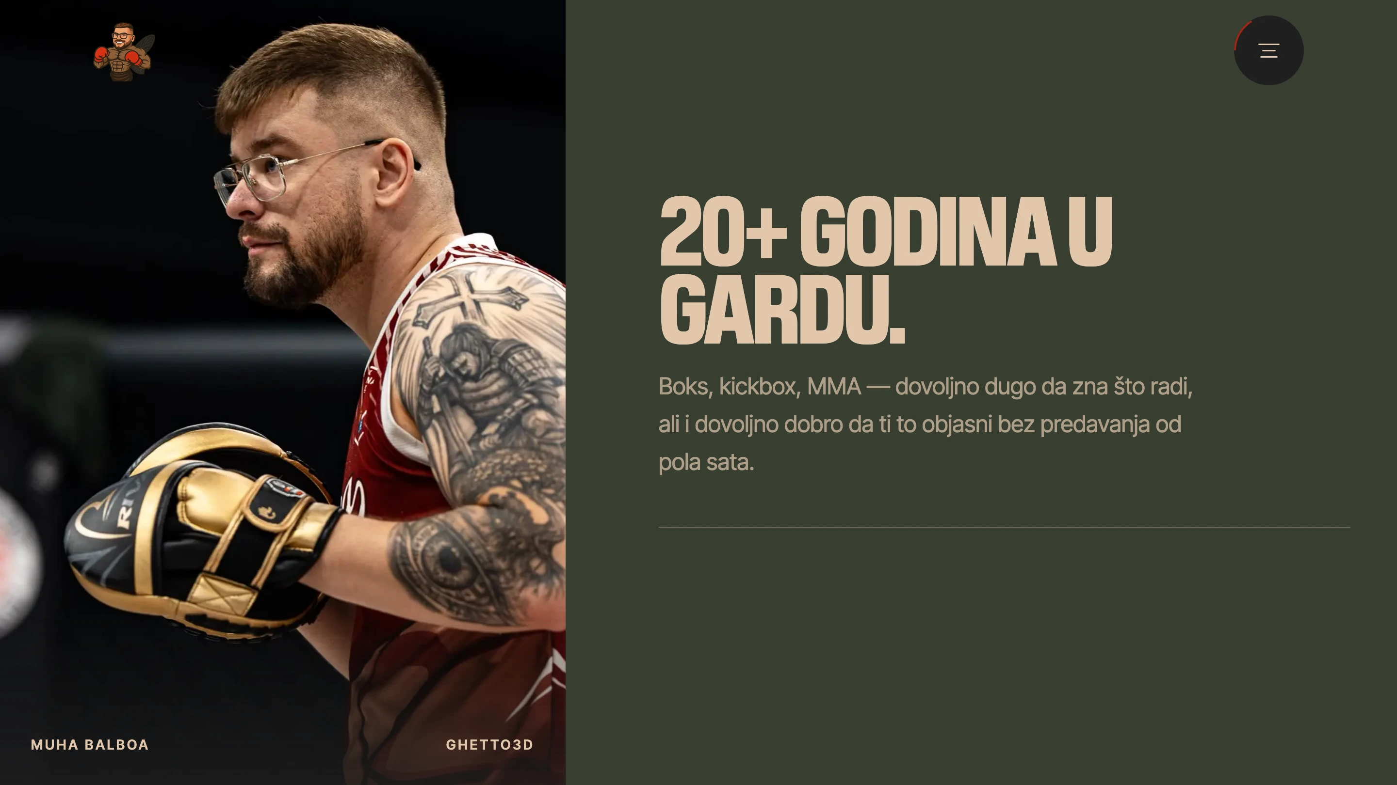 Muha Balboa portrait beside a statement about twenty years in combat sports