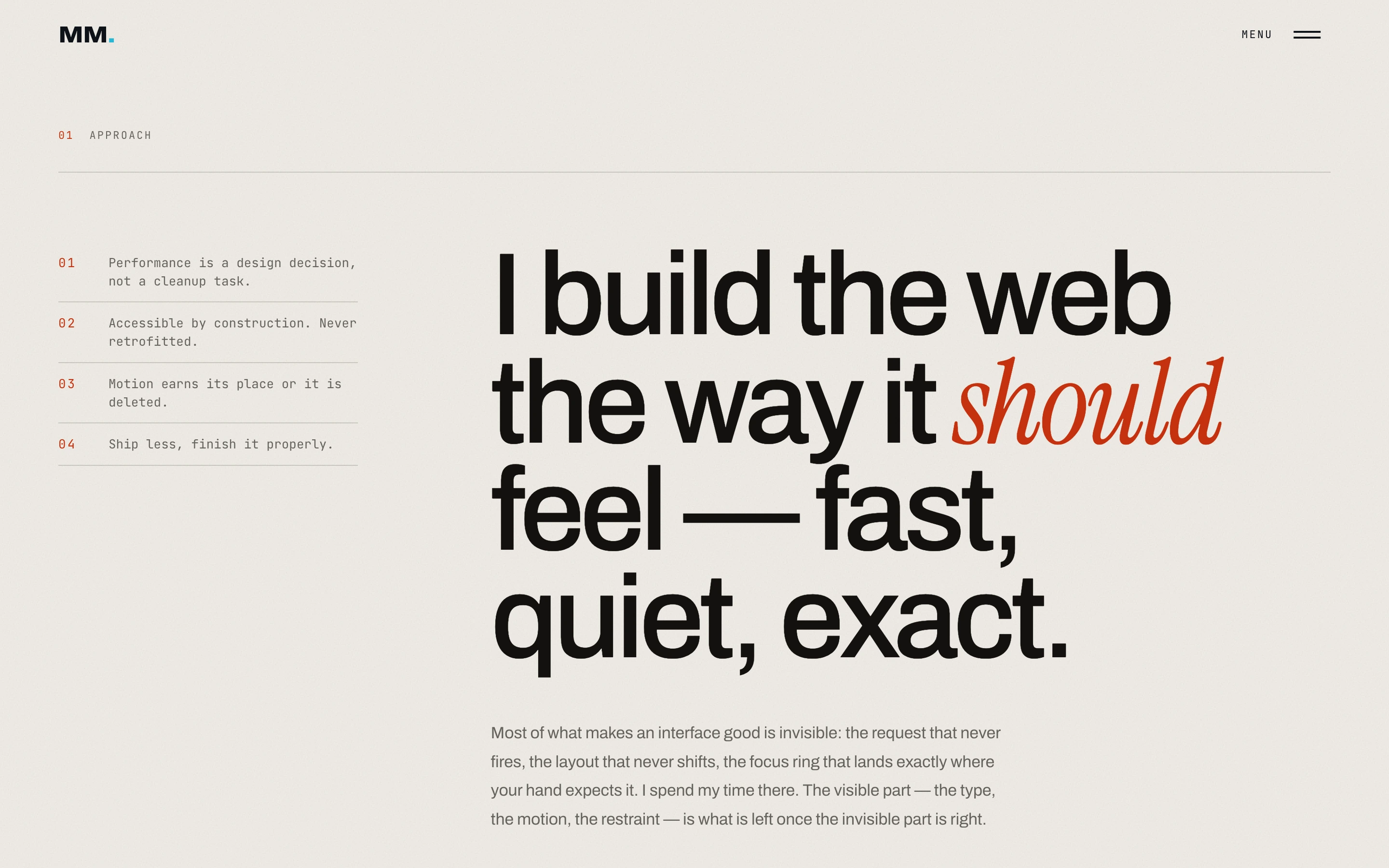 Portfolio manifesto with large black type and an approach index