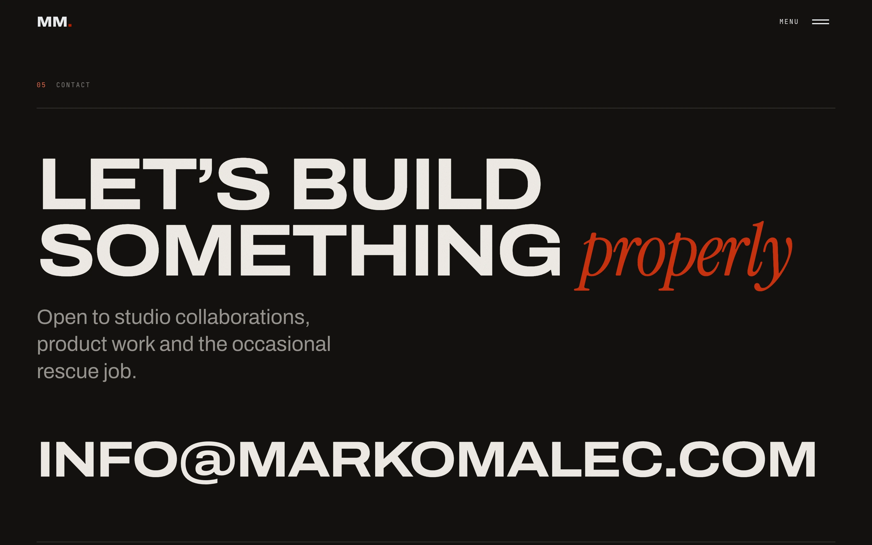 Dark contact section with an oversized invitation to build something meaningful