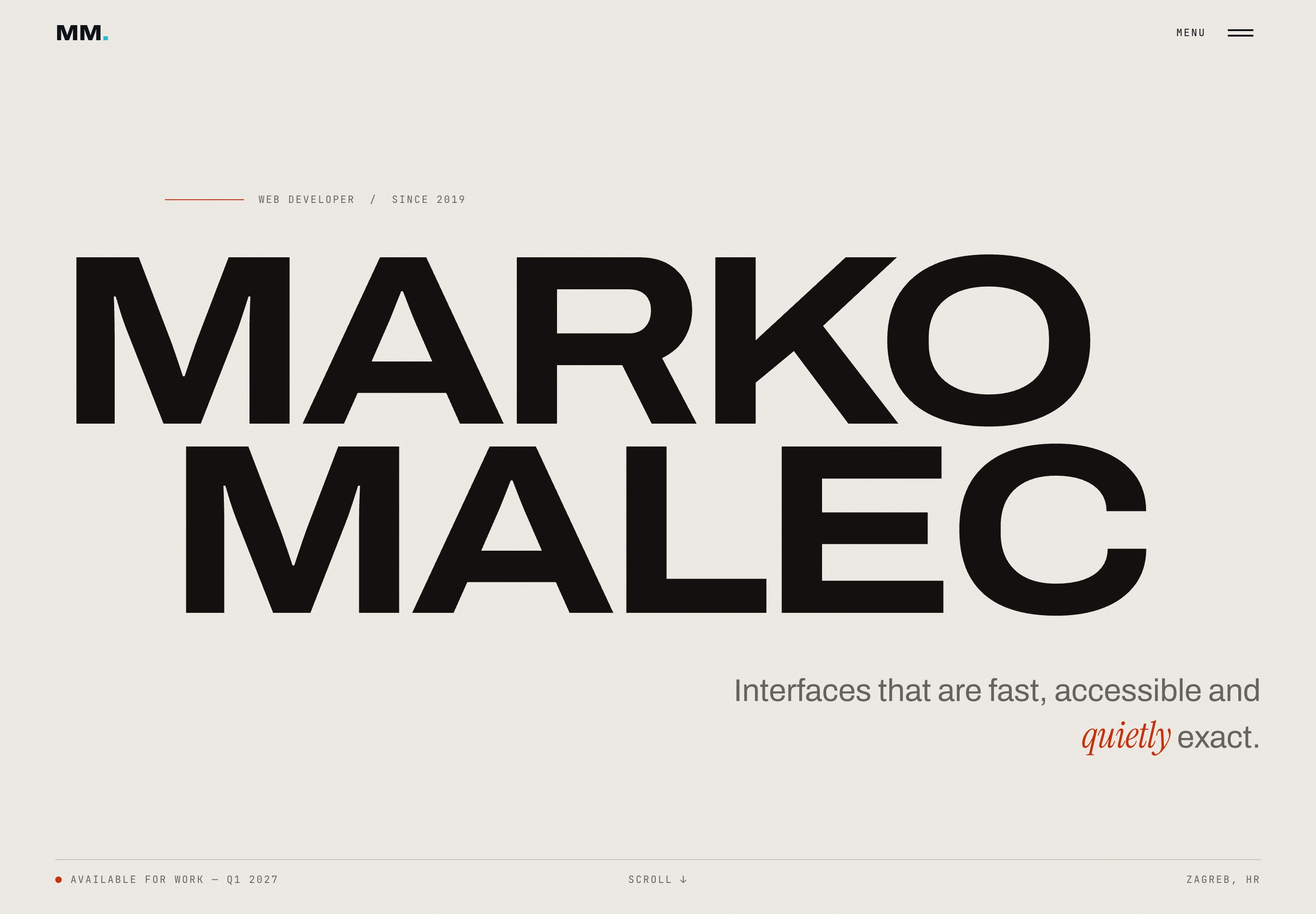 Portfolio home page with the oversized Marko Malec wordmark above a warm paper background
