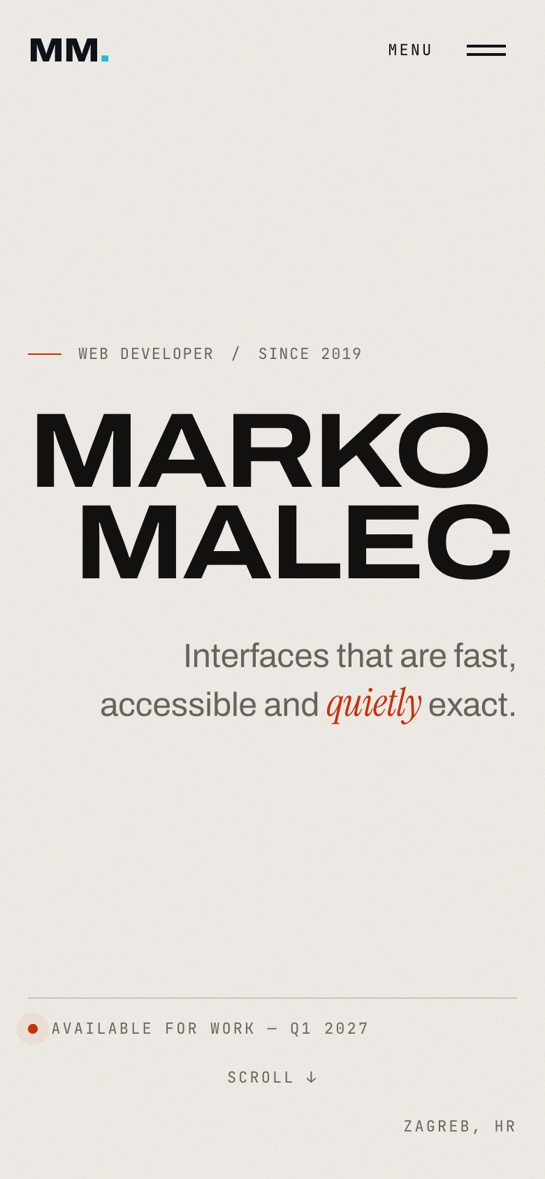 Mobile portfolio home page with oversized Marko Malec typography