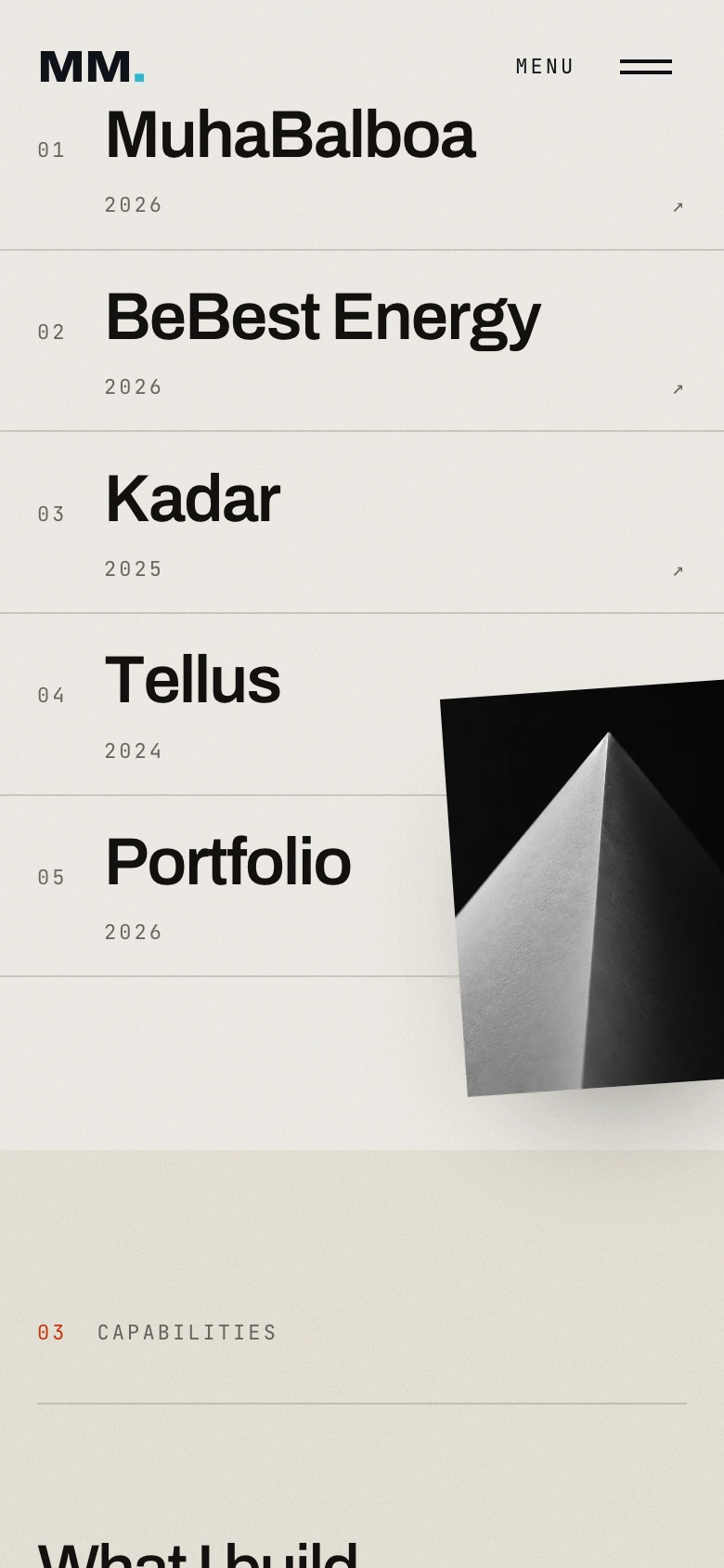 Mobile Selected Work section with the Portfolio project preview in view