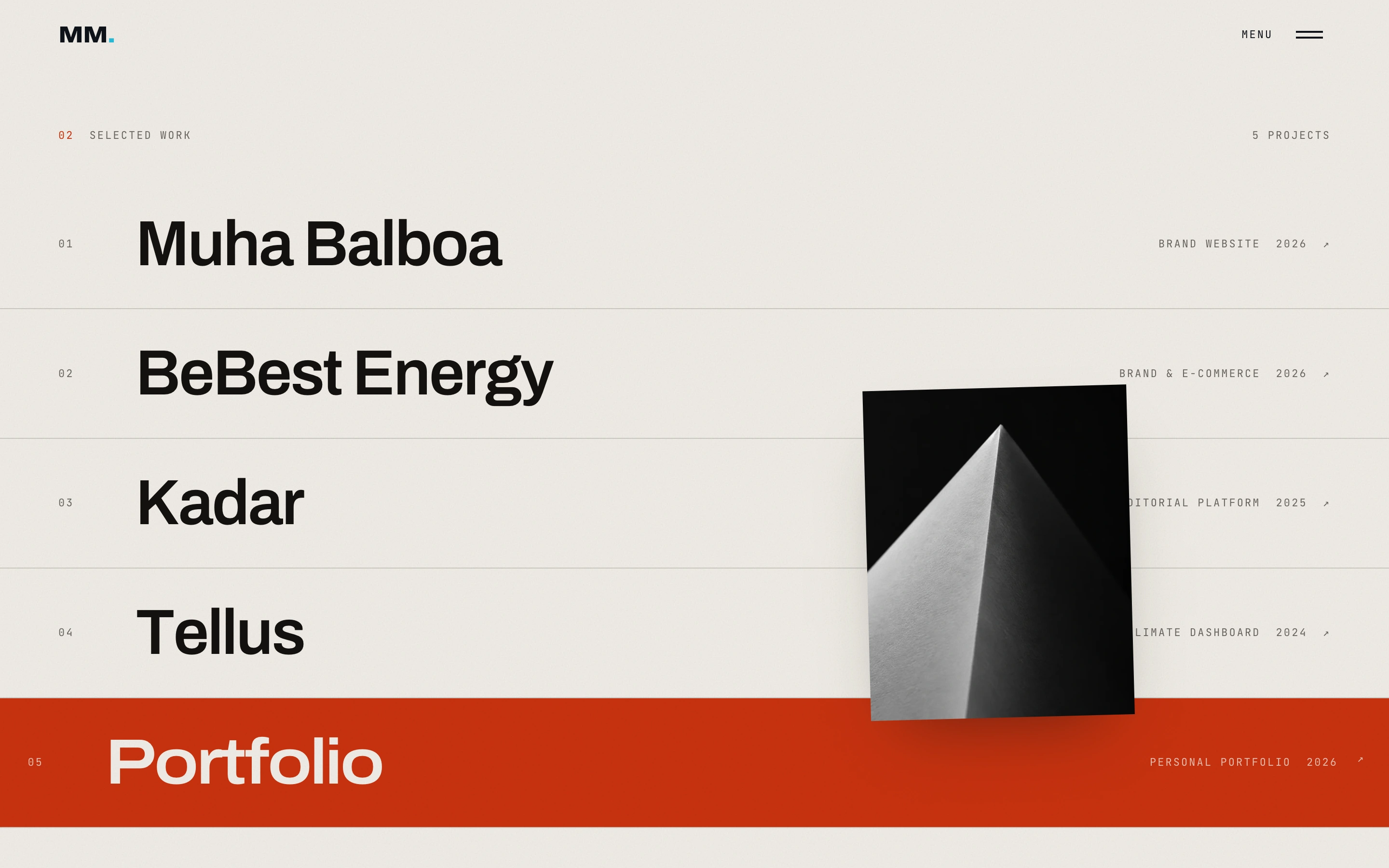 Selected Work index with a red active project row and floating project preview